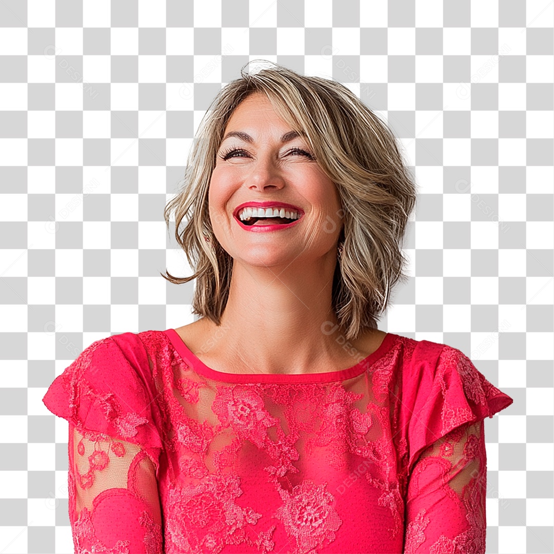 Mulher de 40 anos usando vestidos rosas sorrindo