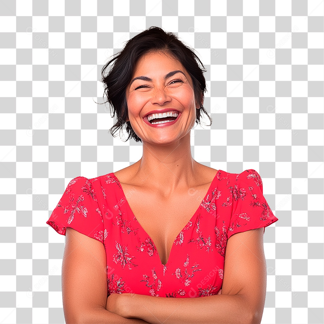 Mulher de 40 anos usando vestidos rosa e lilás sorrindo