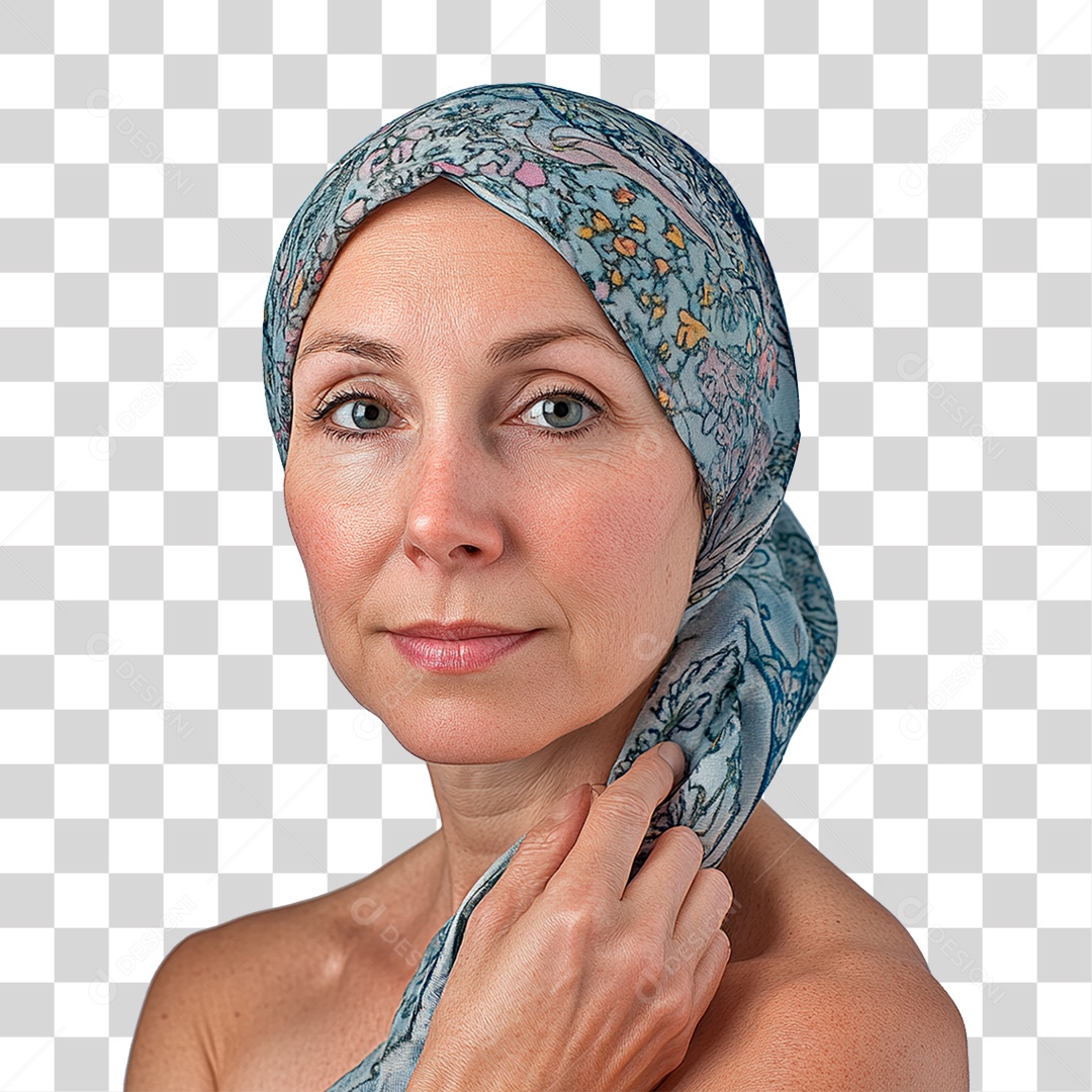 Mulher de 50 anos usando lenço na cabeça câncer de mama