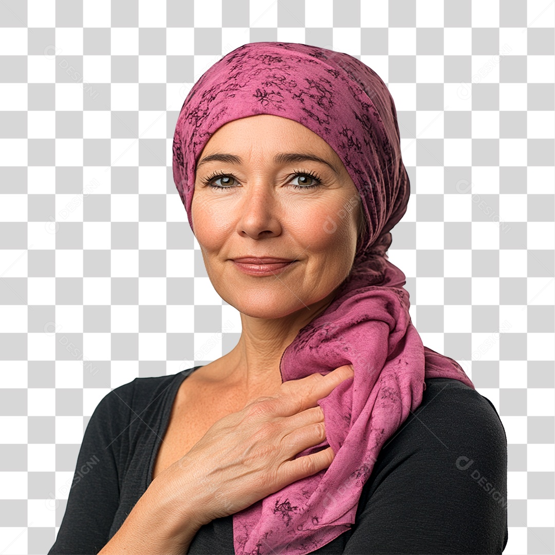 Mulher de 50 anos usando lenço na cabeça câncer de mama