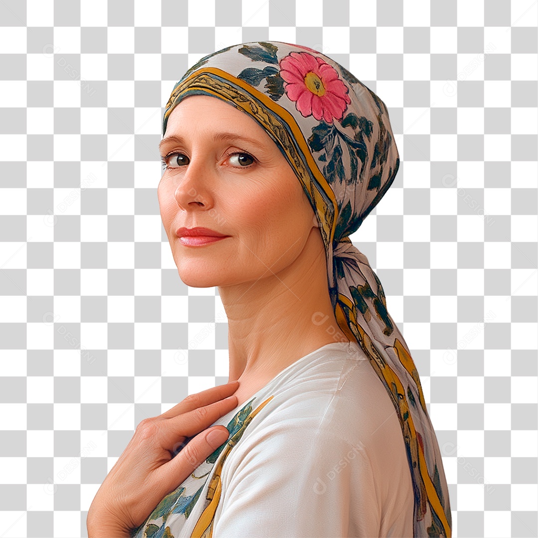 Mulher de 50 anos usando lenço na cabeça câncer de mama