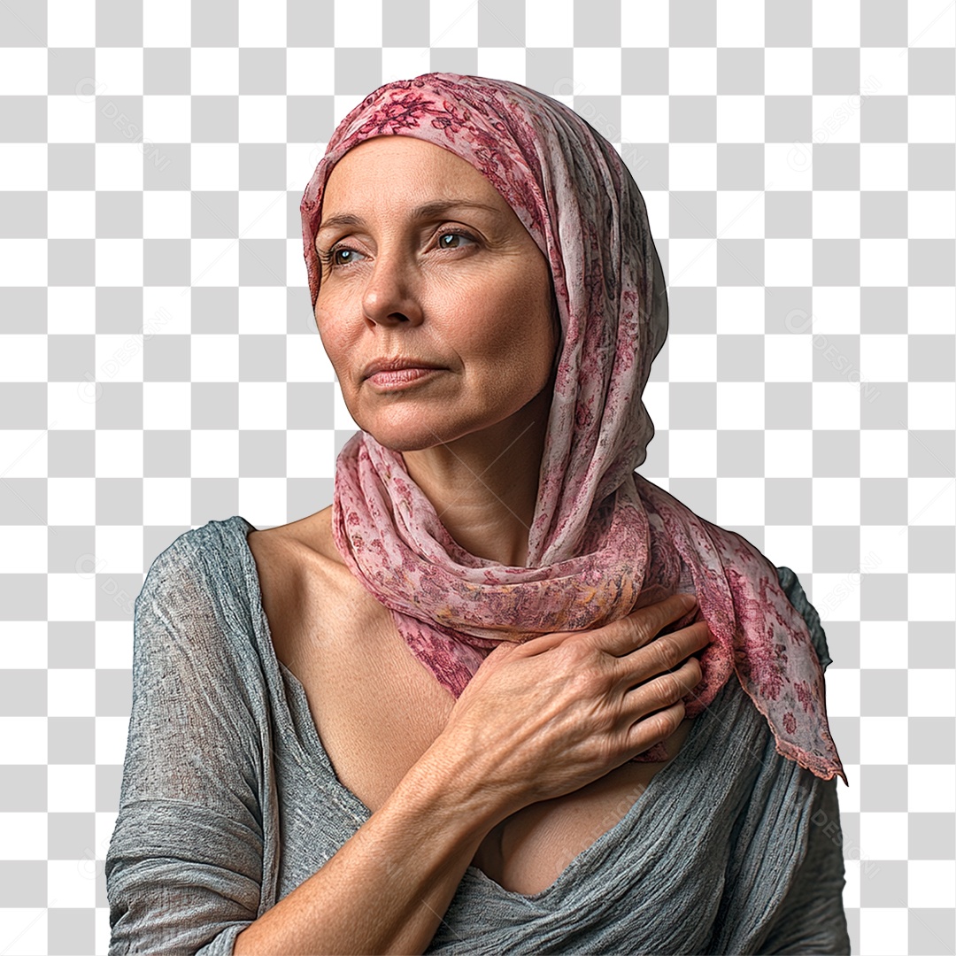 Mulher de 50 anos usando lenço na cabeça câncer de mama