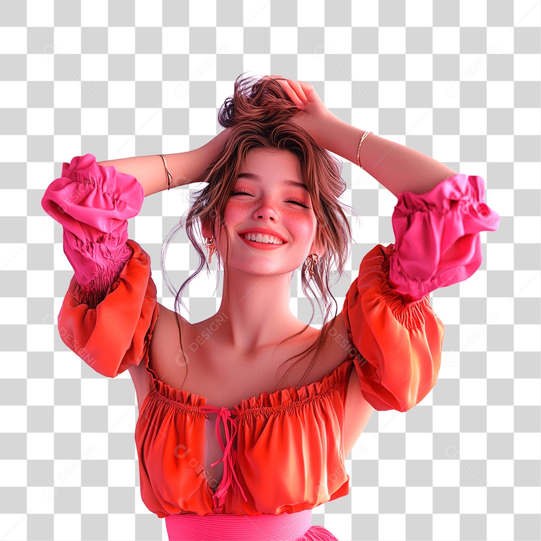 Mulher Finfa Feliz Anos Alegre Rosa Vermelho E Laranja Roupas 3D
