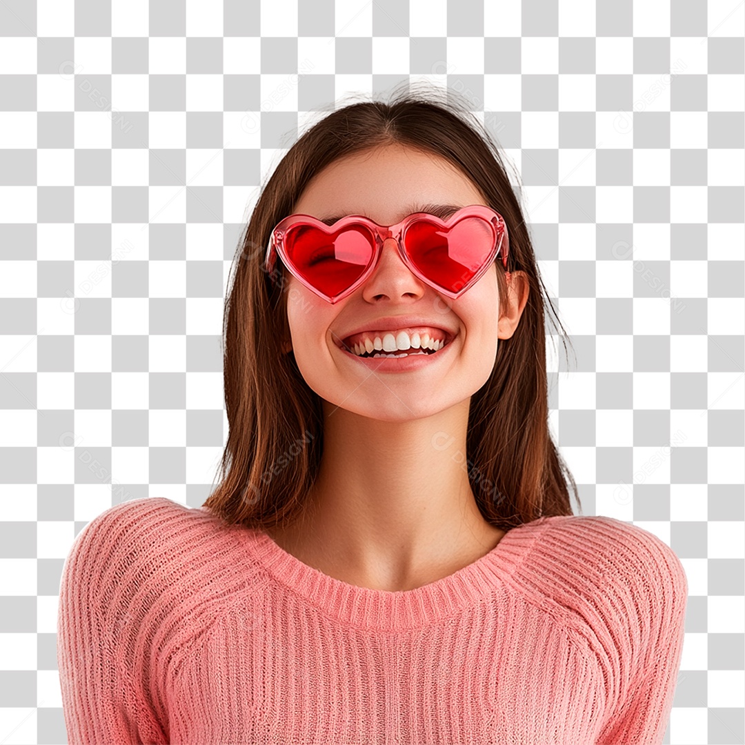 Mulher Finfa Sorrindo Jovem Usando Óculos De Coração Rosa E Vermelho