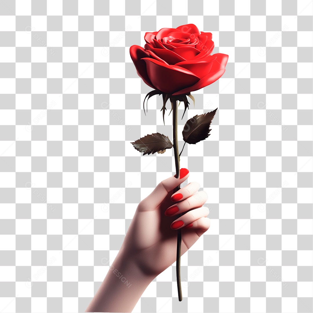 Mão Finfa Segurando Rosa Na Cor Vermelha Renderização