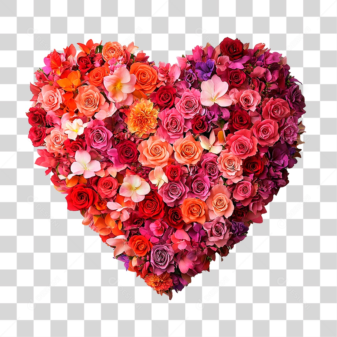 Coração Finfa Na Cor Rosa e Vermelho Cheio De Rosas Feitas De Flores