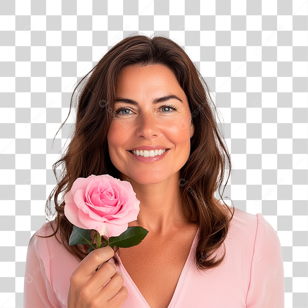 Mulher de 40 anos usando vestidos rosa e lilás sorrindo