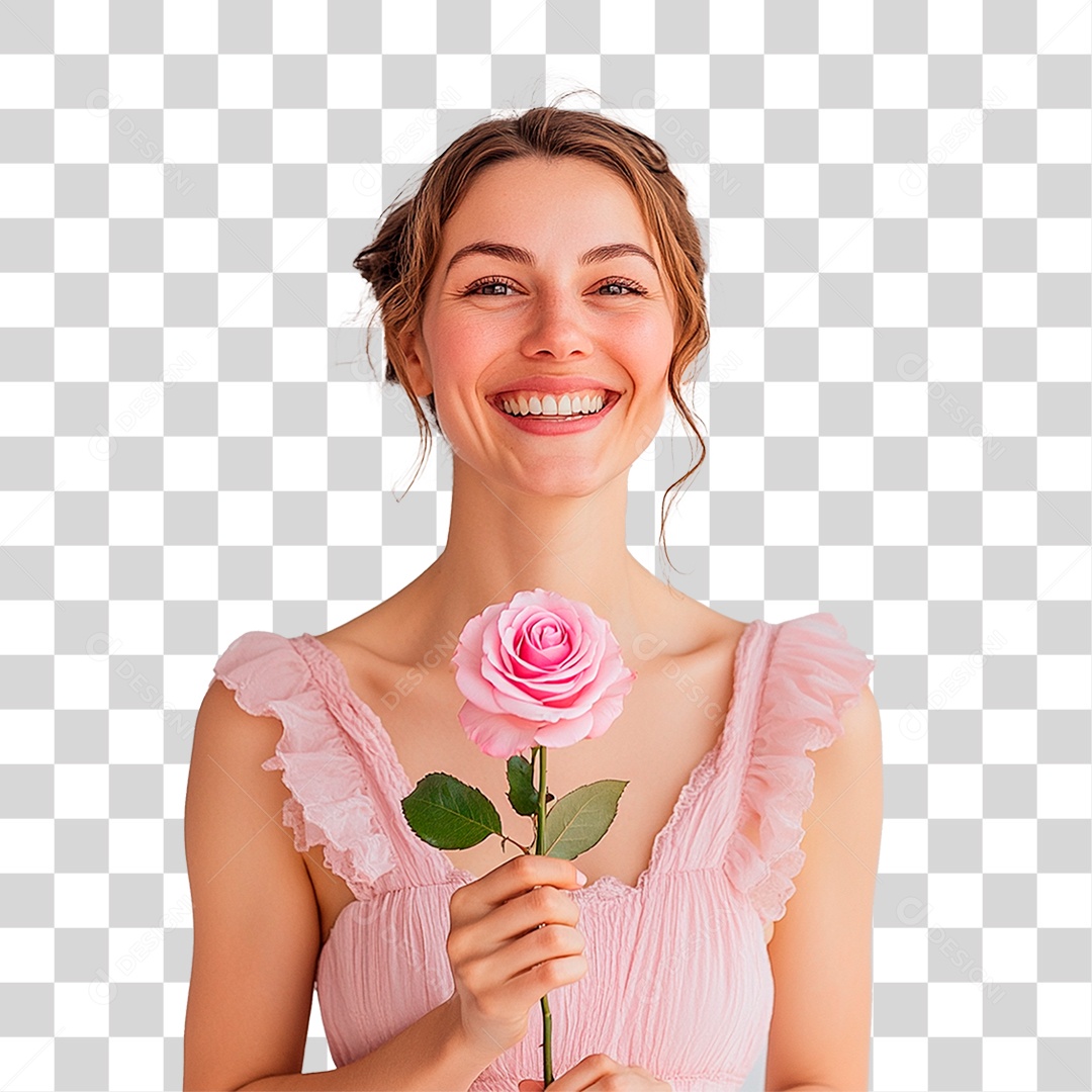 Mulher de 40 anos usando vestidos rosa sorrindo