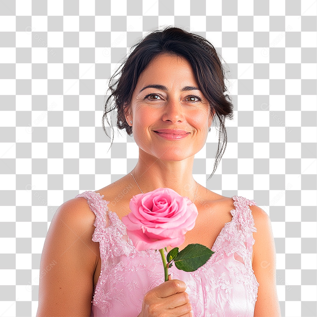 Mulher de 40 anos usando vestidos rosa sorrindo