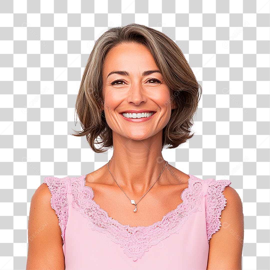 Mulher de 40 anos usando vestidos rosa sorrindo