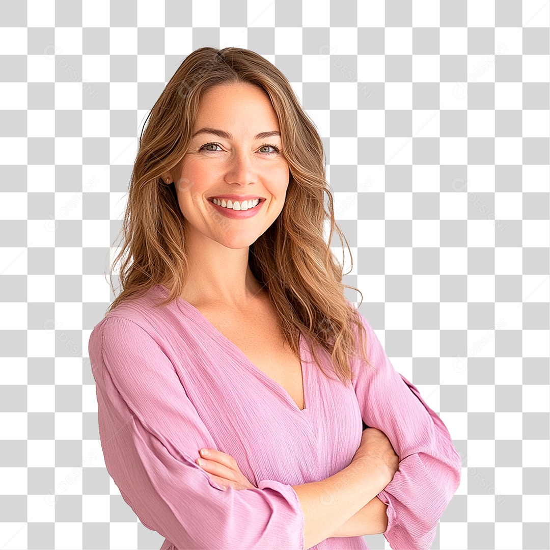 Mulher de 40 anos usando vestidos rosa sorrindo