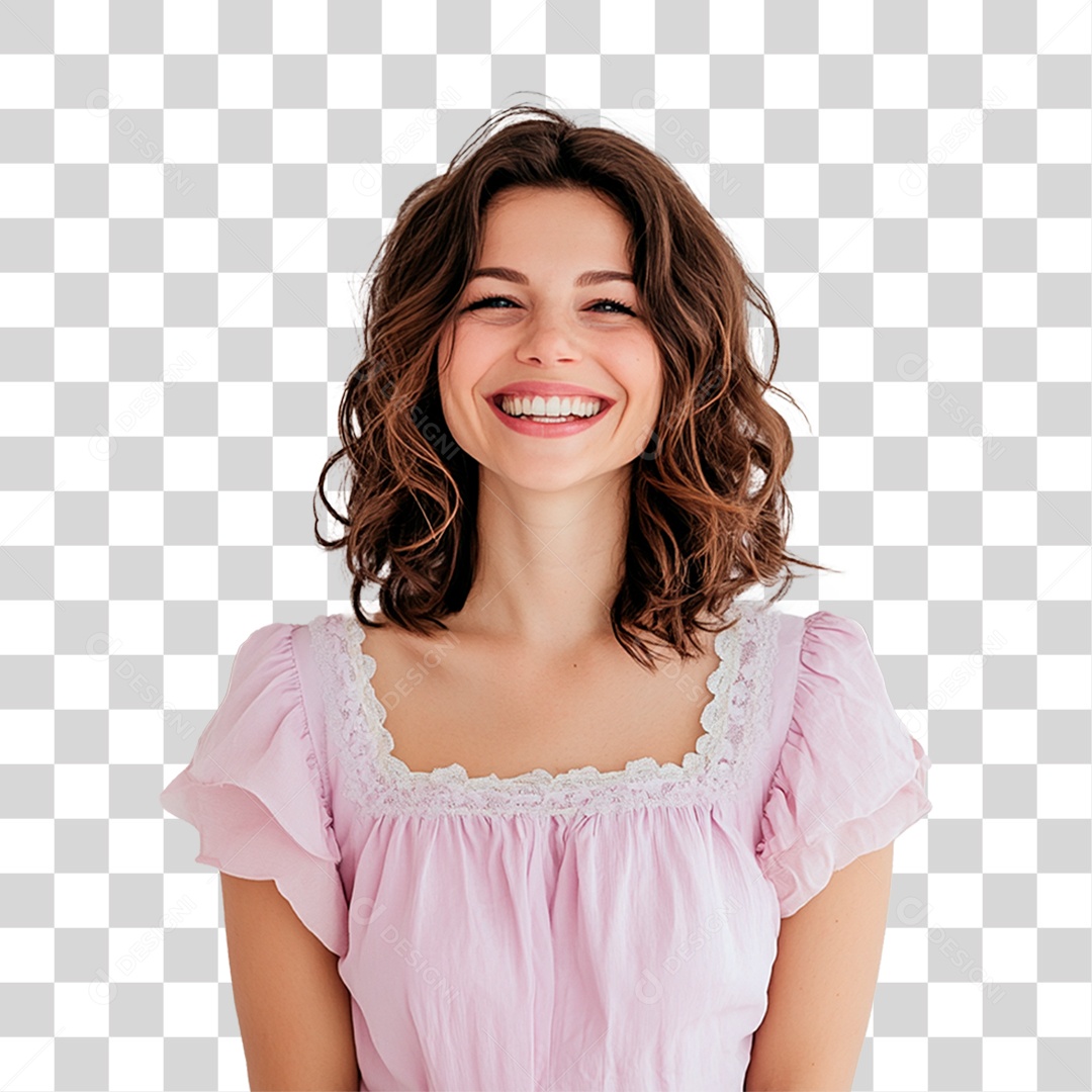 Mulher de 40 anos usando vestidos rosa e lilás sorrindo