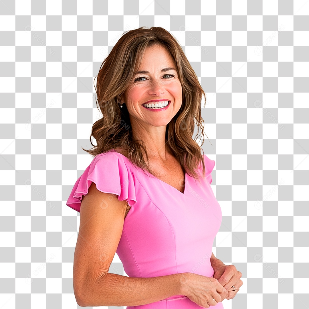 Mulher de 40 anos usando vestidos rosa e lilás sorrindo