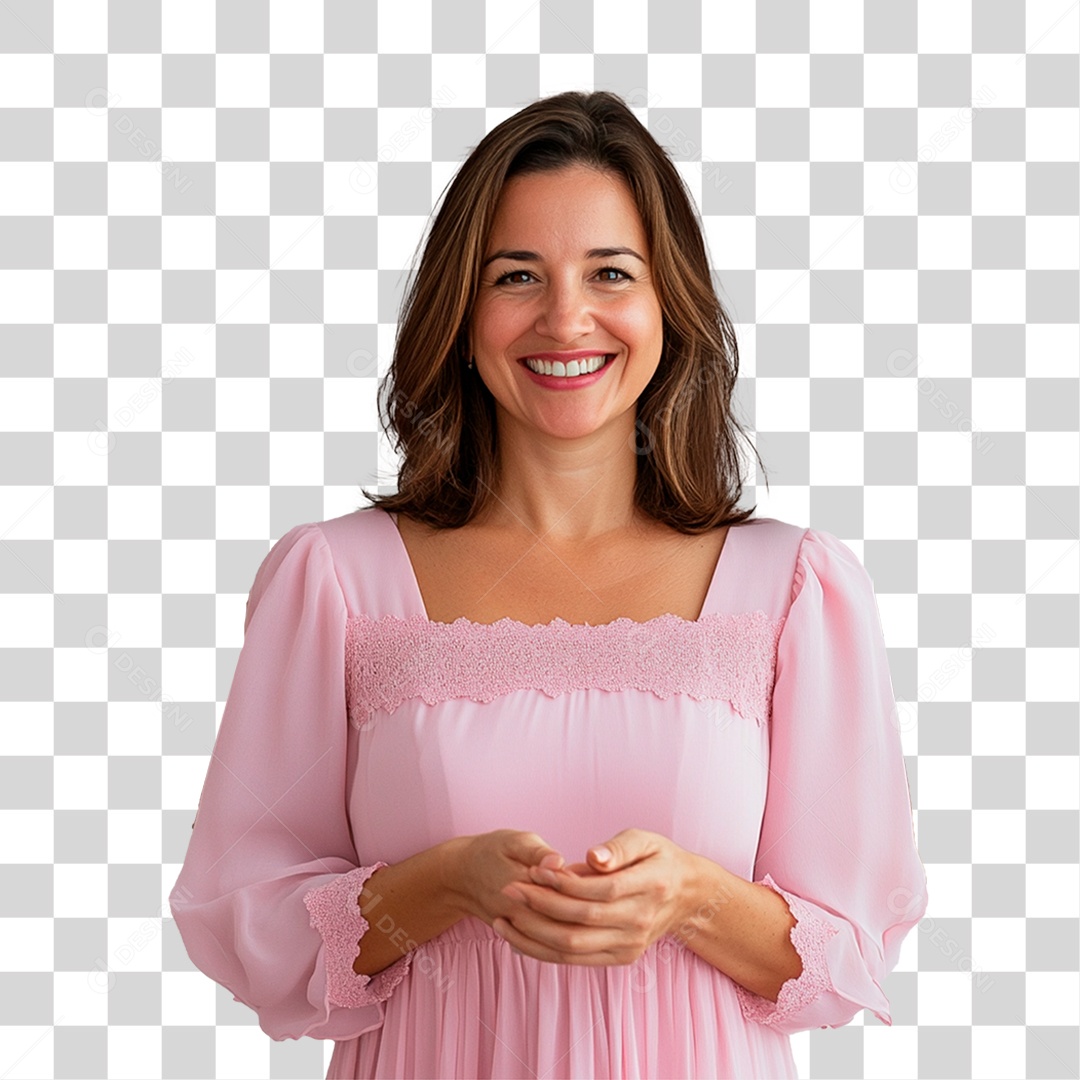 Mulher de 40 anos usando vestidos rosa e lilás sorrindo