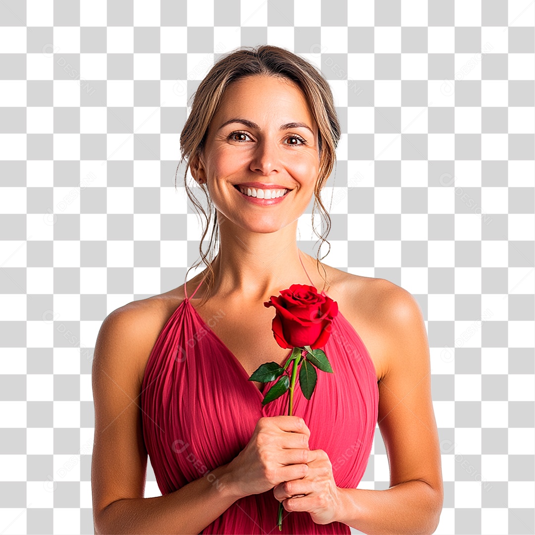 Mulher de 40 anos usando vestidos rosa e vermelho