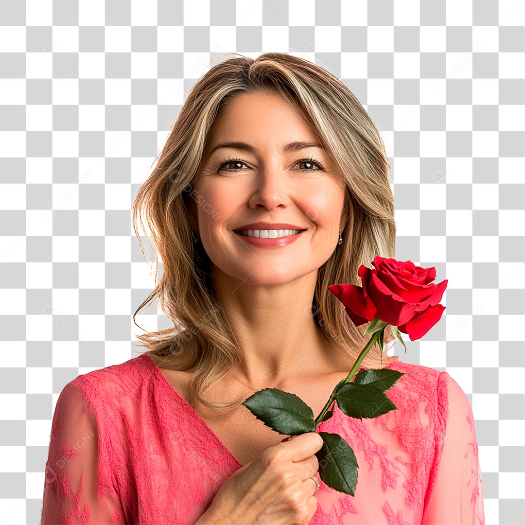 Mulher de 40 anos usando vestidos rosa e lilás sorrindo