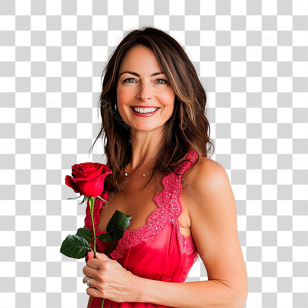 Mulher de 40 anos usando vestidos rosa e vermelho