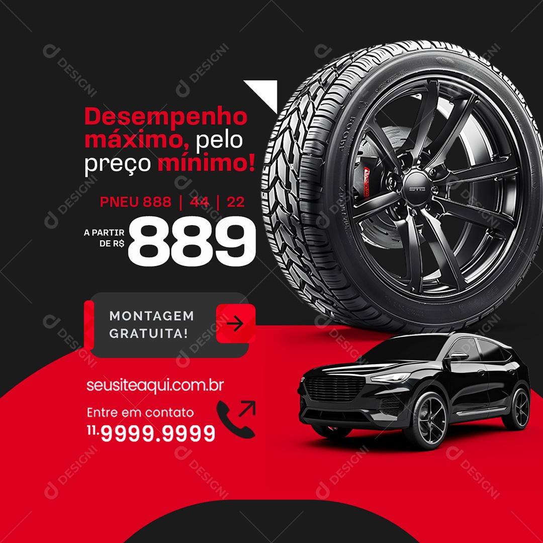 Loja de Pneus Desempenho Máximo Montagem Gratuita Social Media PSD Editável