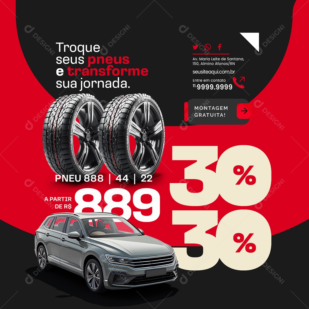 Loja de Pneus Troque seus Pneus e Transforme sua Jornada Pneu Social Media PSD Editável
