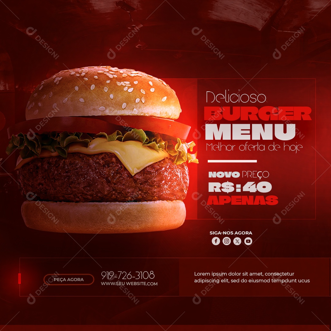 Delicioso Hamburguer Menu Social Media PSD Editável