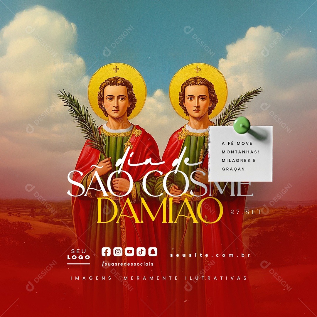 Dia de São Cosme e Damião 27 de Setembro A Fé Move Montanhas Social Media PSD Editável