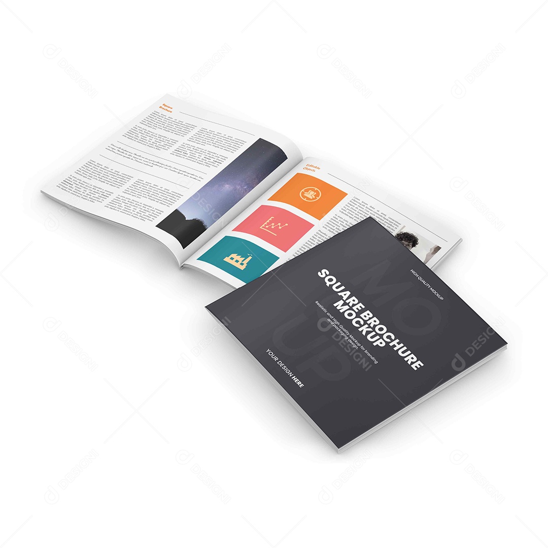 Revista Quadrada Vista de Dentro e Capa Mockup PSD Editável