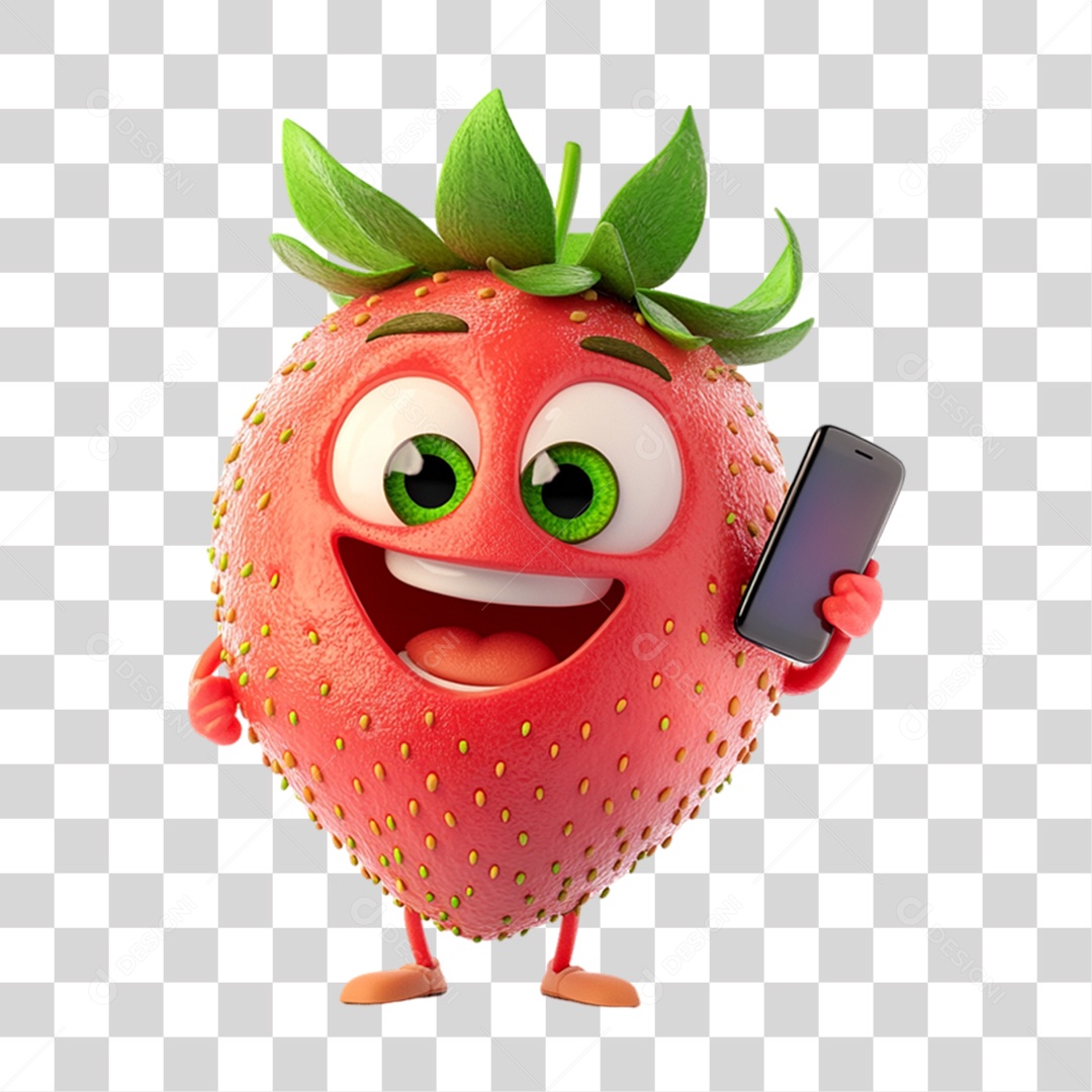Personagem Alimento Morango com Carinha PNG Transparente