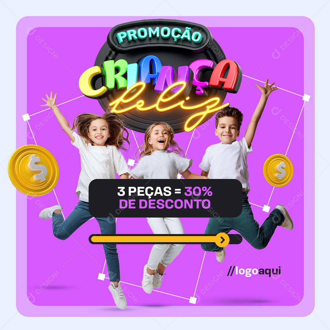 Promoção Criança Feliz Loja de Roupas Infantil 3 Peças 30% De Desconto Social Media PSD Editável