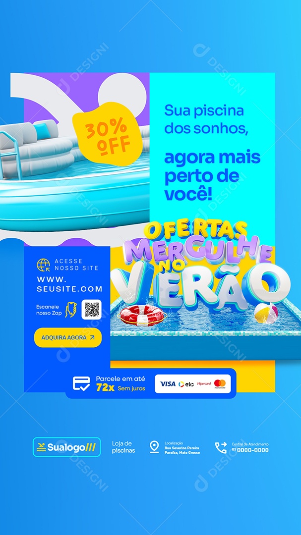 Story Ofertas Mergulhe no Verão Loja de Piscinas Sua Piscina dos Sonhos Social Media PSD Editável