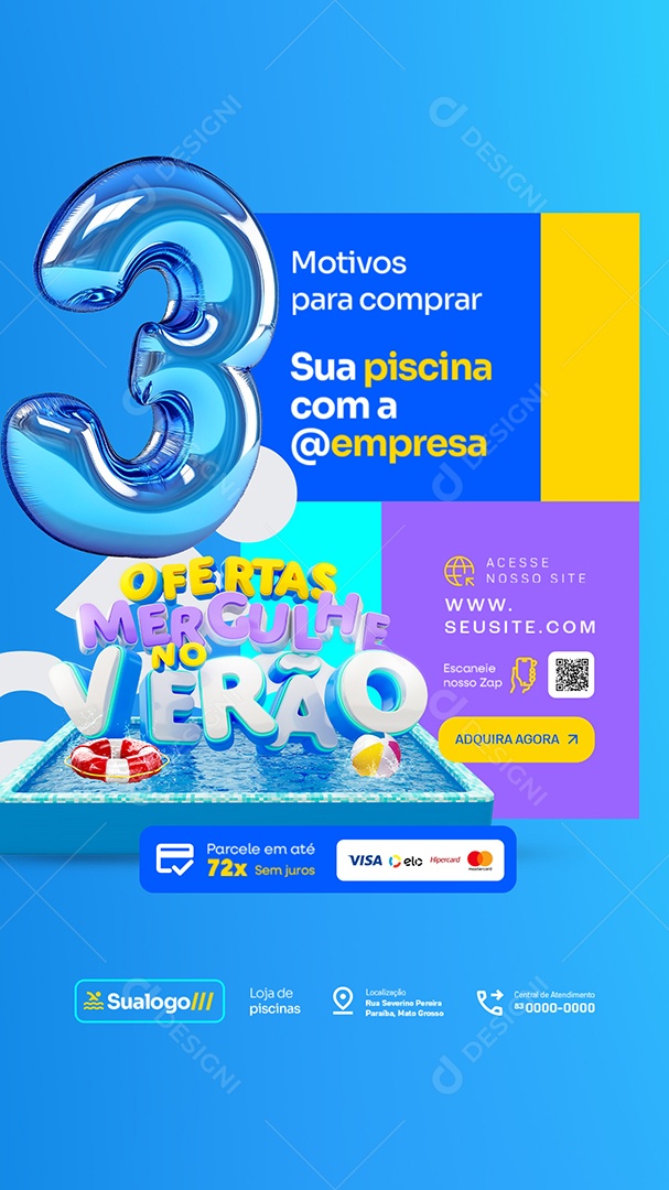 Story Ofertas Mergulhe no Verão Loja de Piscinas 3 Motivos para Comprar Social Media PSD Editável