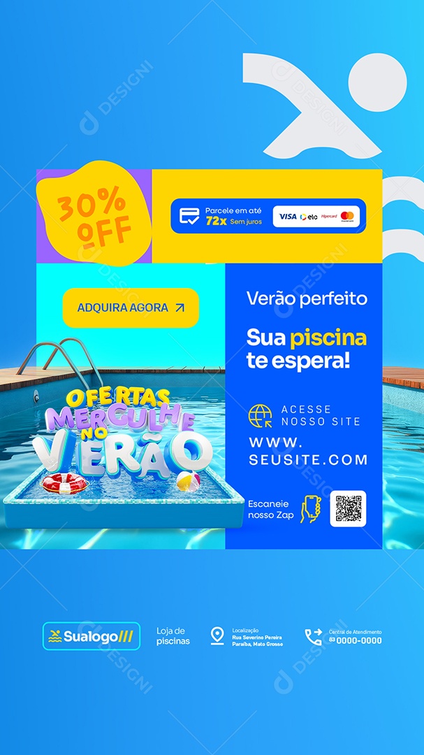 Story Ofertas Mergulhe no Verão Loja de Piscinas 30% Off Social Media PSD Editável