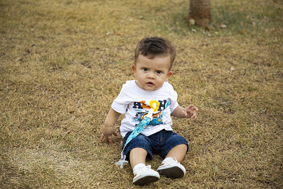 Um garotinho lindo sentado na grama para fotos