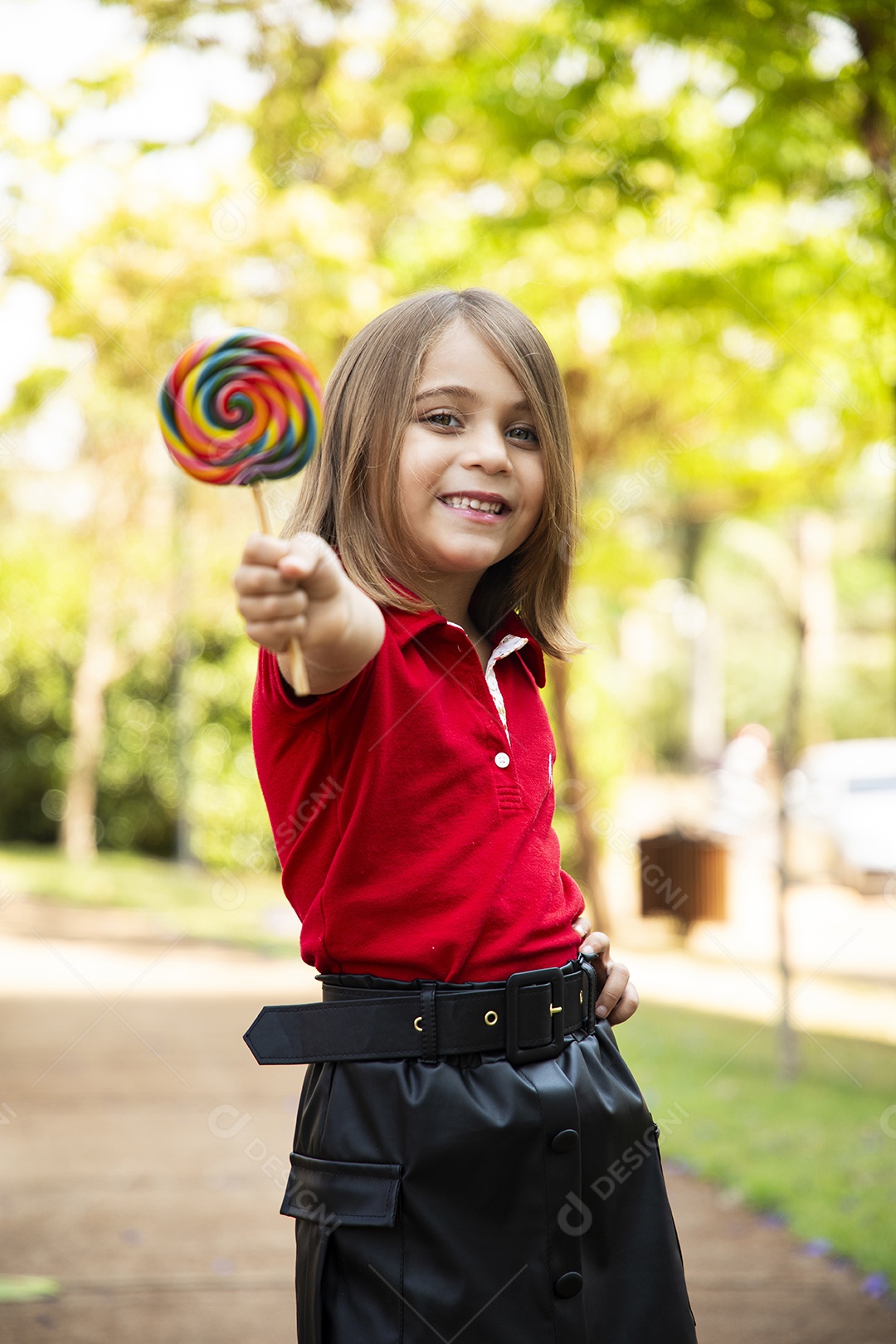 Uma linda menina loira de cabelo curtos com pirulito grande na mão