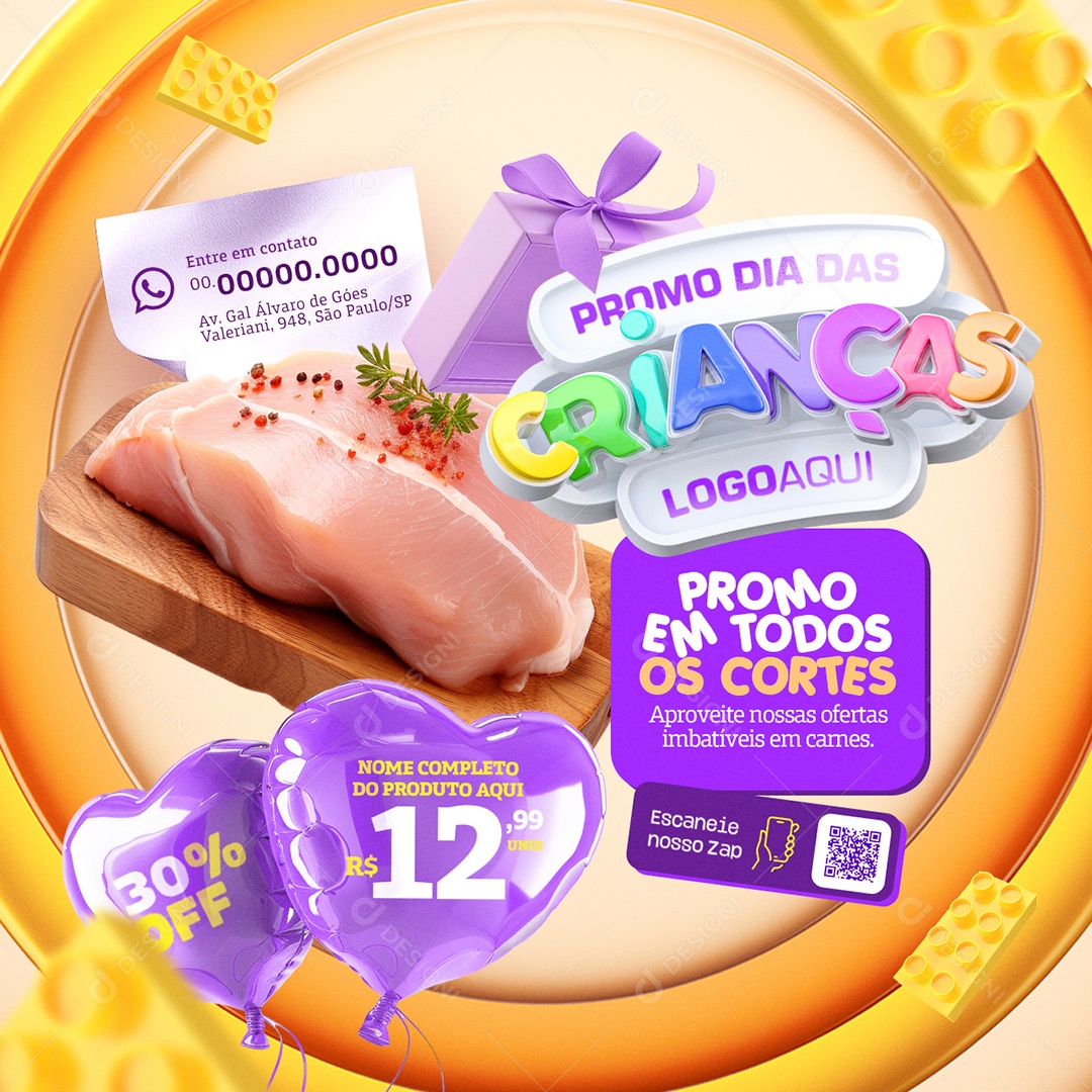 Mercado Promo Dia Das Crianças Carne Promo em Todos os Cortes Social Media PSD Editável