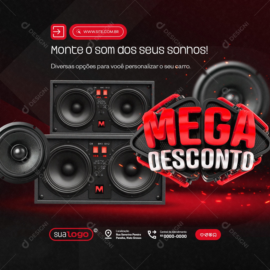Mega Desconto Som Automotivo Monte o Som dos Seus Sonhos Social Media PSD Editável