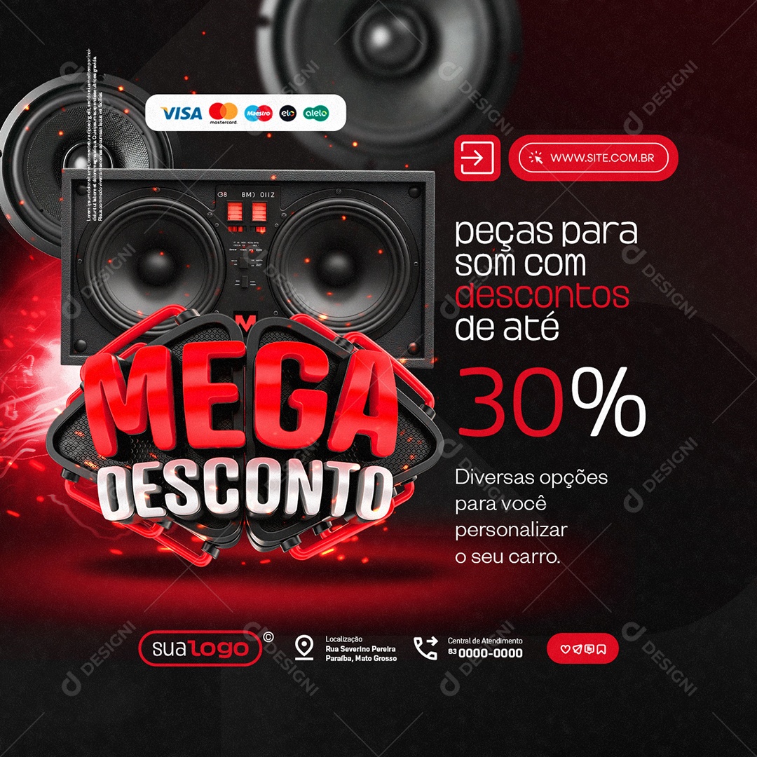 Mega Desconto Som Automotivo Peças com Descontos de Até 30% Social Media PSD Editável