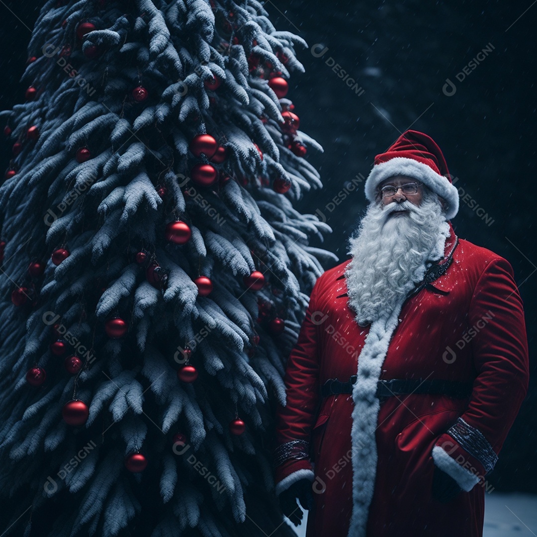 Papai noel ao lado de uma árvore enorme decorada para o natal no inverno