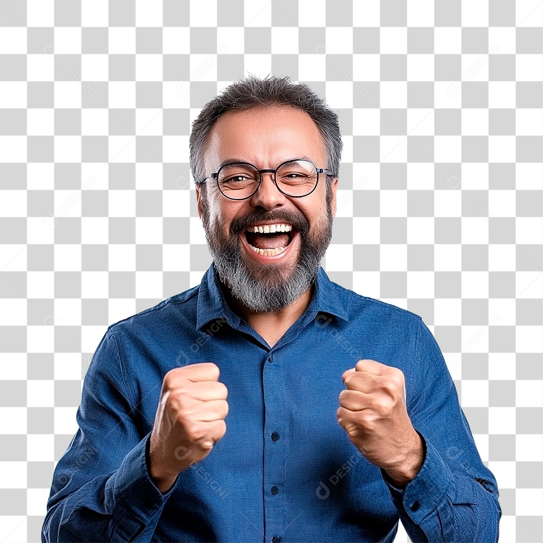 Homem Feliz De 45 Anos De Cabelos Grisalhos Comemorando PNG Transparente
