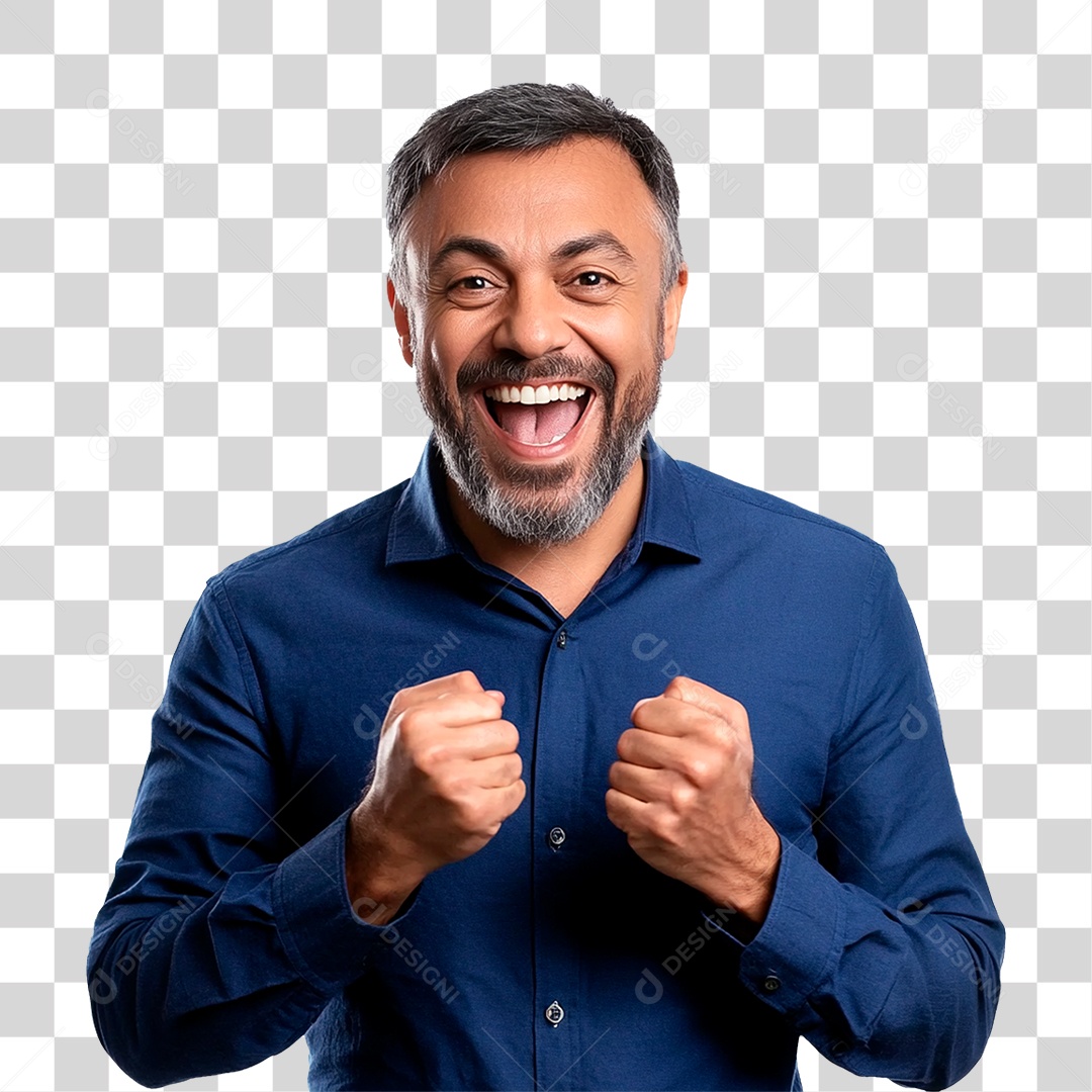 Homem Feliz De 45 Anos De Cabelos Grisalhos Comemorando PNG Transparente