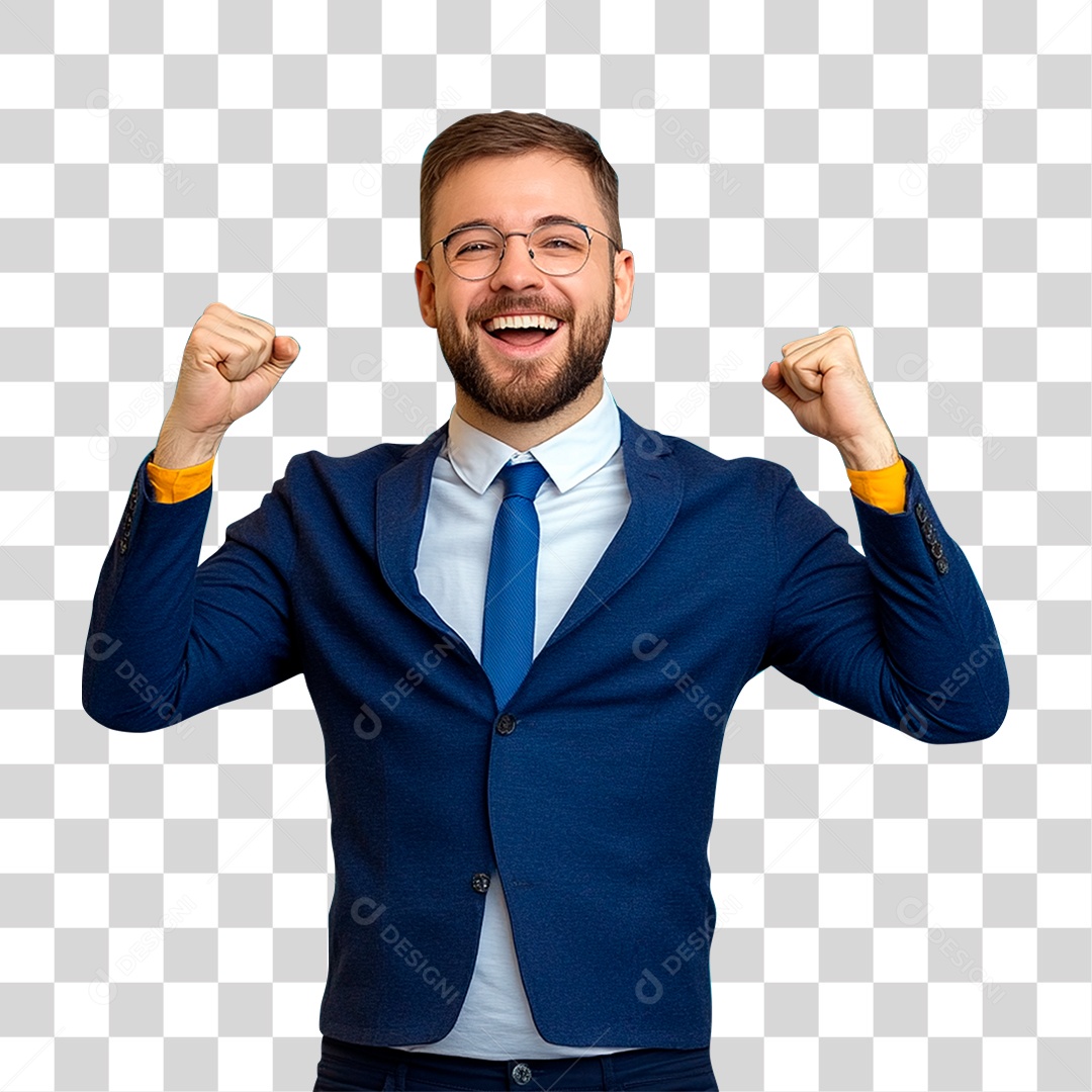 Homem Feliz De 30 Anos De Terno Azul E Gravata Comemorando PNG Transparente
