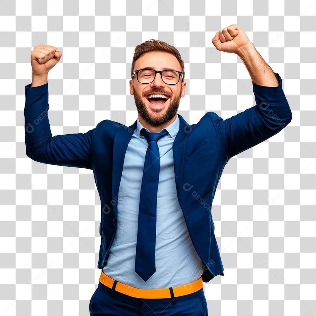 Homem Feliz De 30 Anos De Terno Azul E Gravata Comemorando PNG Transparente