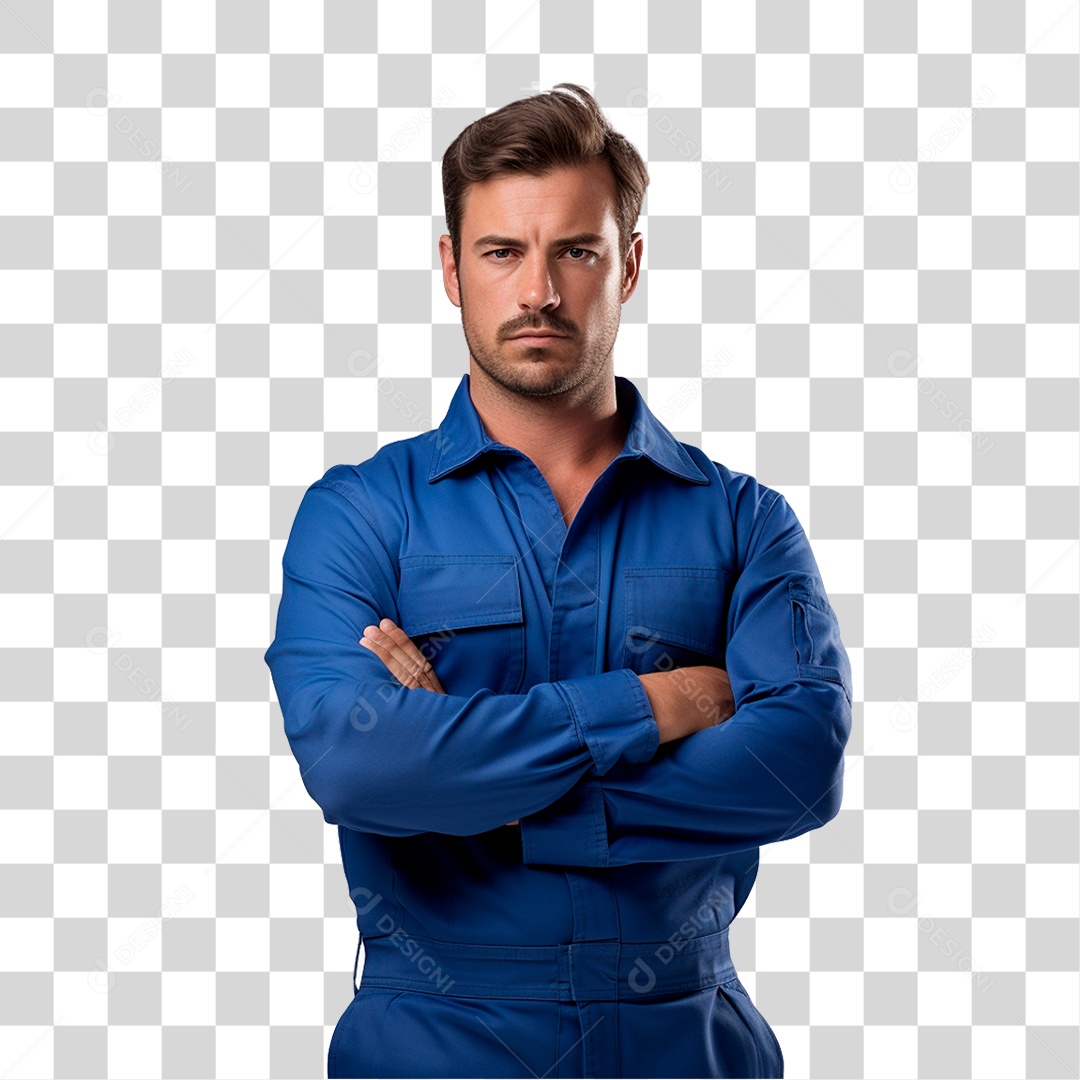 Homem Com Braços Cruzados Vestindo Roupas Azuis Trabalhador Realista PNG Transparente