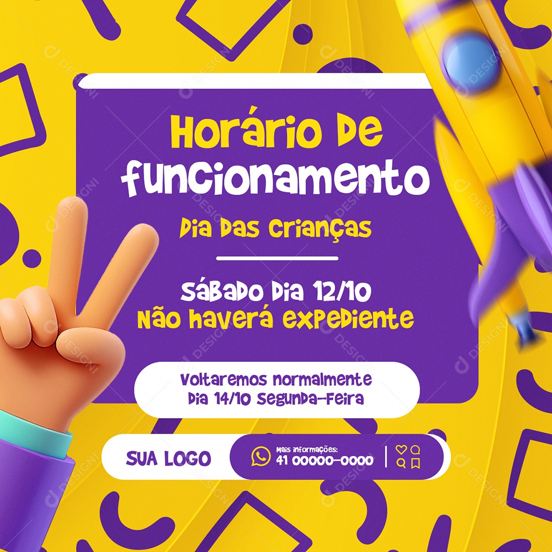 Horário de Funcionamento Dia das Crianças Social Media PSD Editável