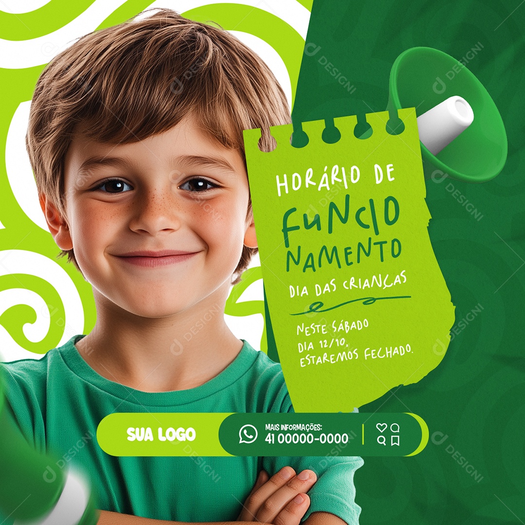 Horário de Funcionamento Dia das Crianças Estaremos Fechado Social Media PSD Editável