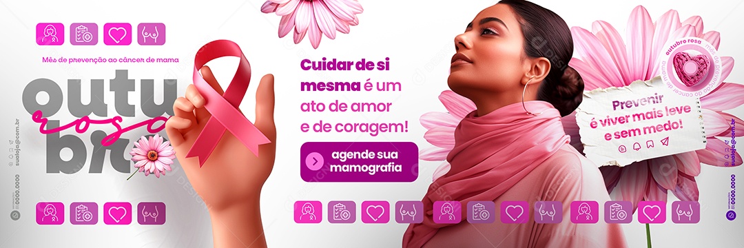 Carrossel Outubro Rosa Mês de Prevenção ao Câncer de Mama Social Media PSD Editável