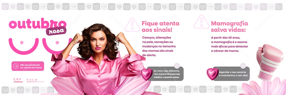 Carrossel Outubro Rosa Mês de Prevenção ao Câncer de Mama Social Media PSD Editável