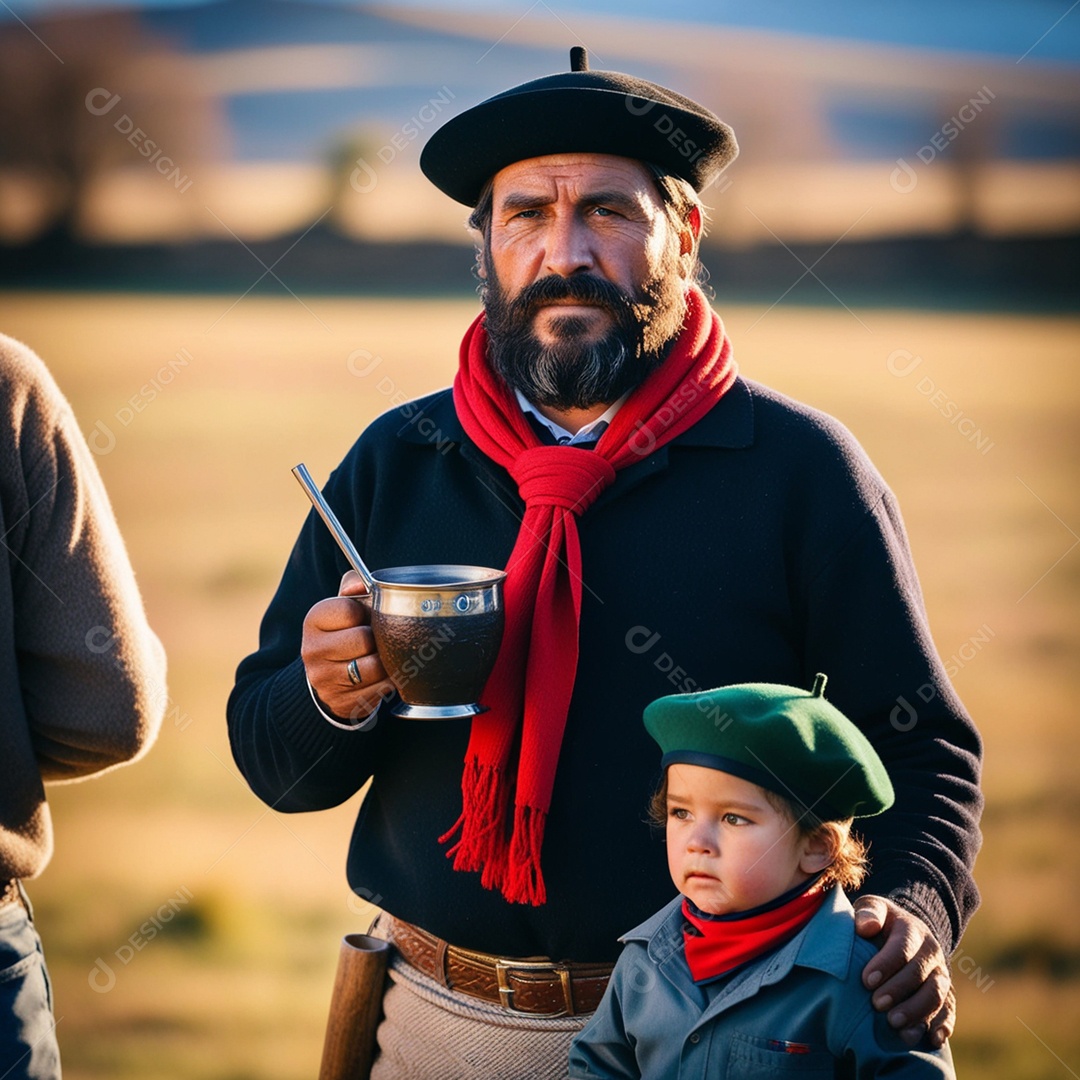 Lindos pai e filho gauchos segurando terere sobre fundo desfocado