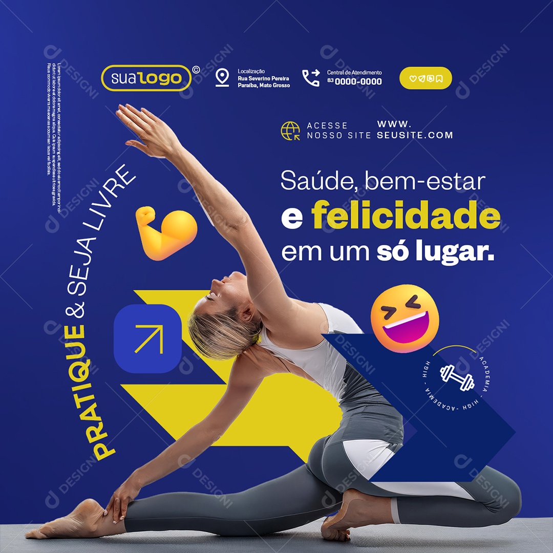 Academia Saúde Bem Estar e Felicidade em Um Só Lugar Social Media PSD Editável