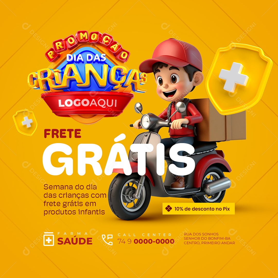 Promoção Dia das Crianças Farmácia Frete Grátis Social Media PSD Editável