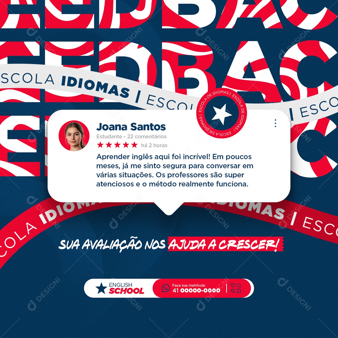 Escola de Idiomas Feedback Social Media PSD Editável